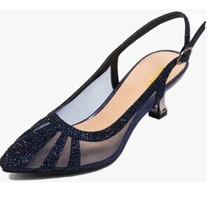 XYD Navy Bridal Slingback Pumps Pointed Toe Slip On Mesh Rhinestone Studs Shoes